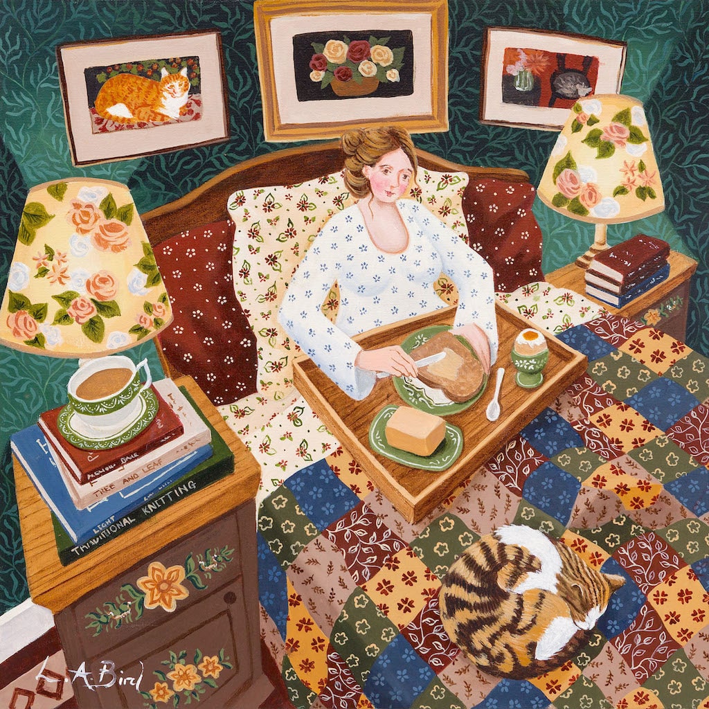 Painting of a lady having breakfast in bed with her sleeping cat by artist Lucy Almey Bird