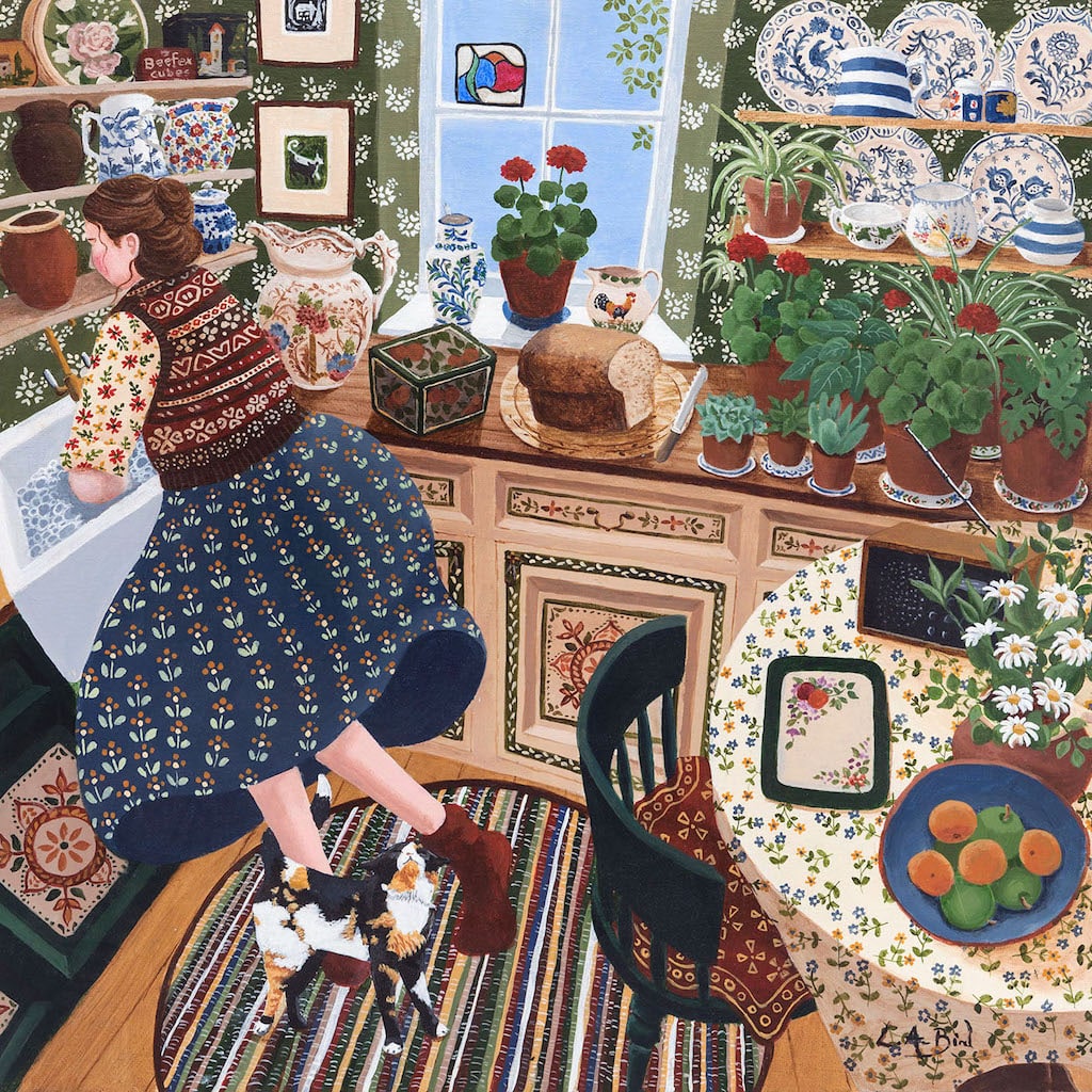 Painting of a lady doing the washing up as a cat lovingly brushes past her leg by artist Lucy Almey Bird