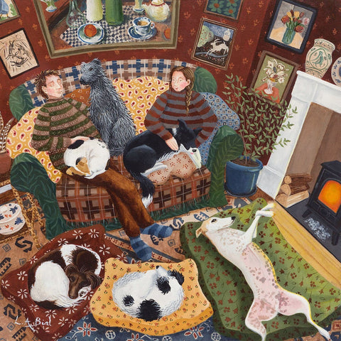 Painting of a family relaxing in front of the fireplace with their pets by artist Lucy Almey Bird