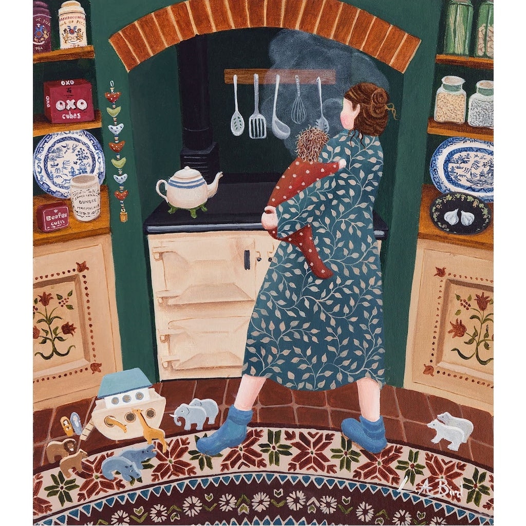 Painting of a lady cooking on the Aga with a baby in her arms by artist Lucy Almey Bird