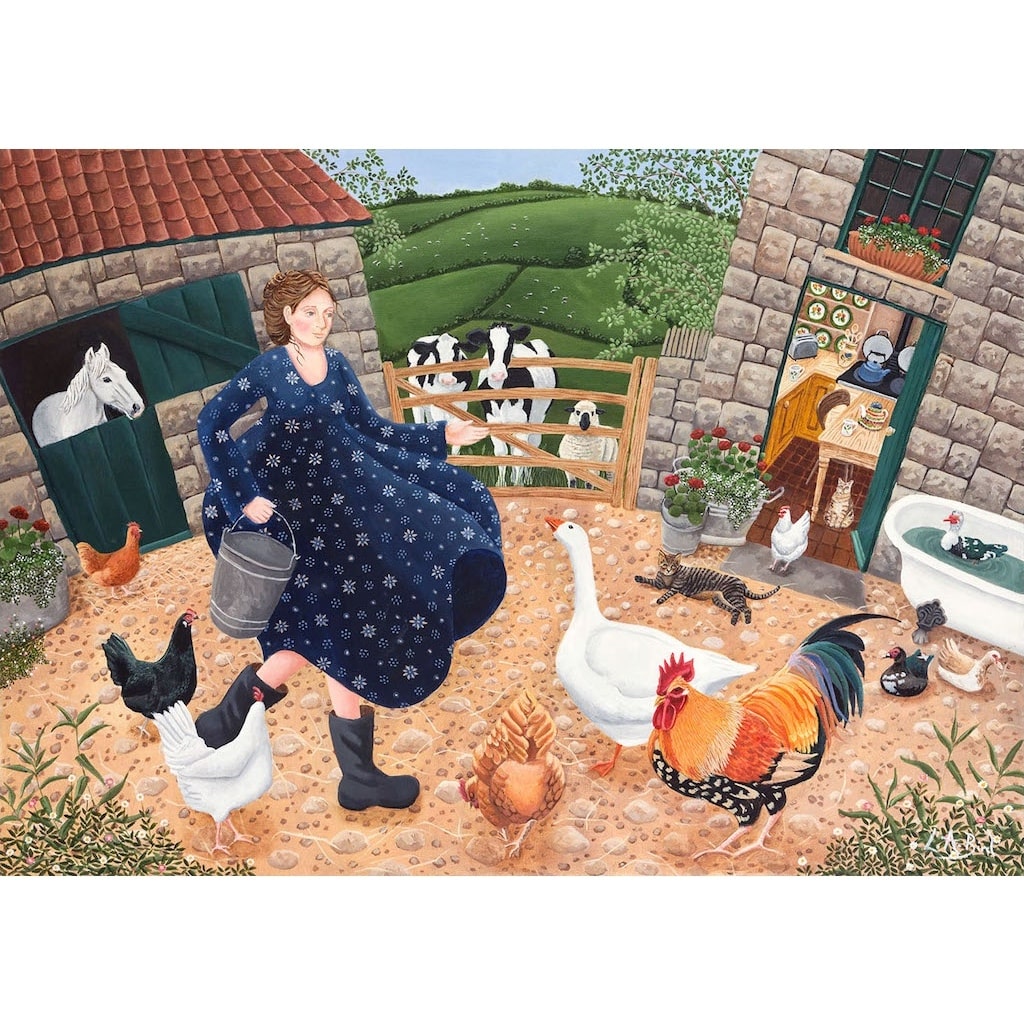 Painting of a lady feeding farmyard animals by artist Lucy Almey Bird