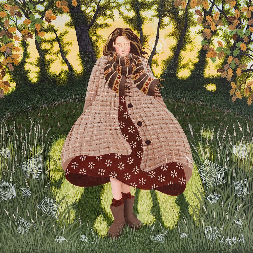 Painting of a lady standing in a meadow on a early autumn morning by artist Lucy Almey Bird