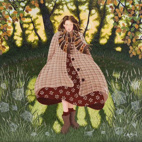 Painting of a lady standing in a meadow on a early autumn morning by artist Lucy Almey Bird