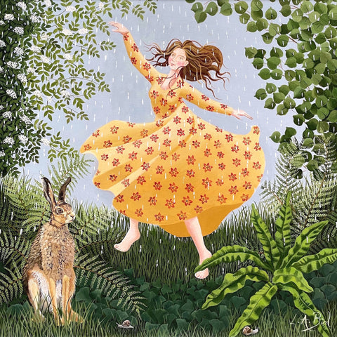 Painting of a lady dancing barefoot in the rain as a hare sits nearby by artist Lucy Almey Bird