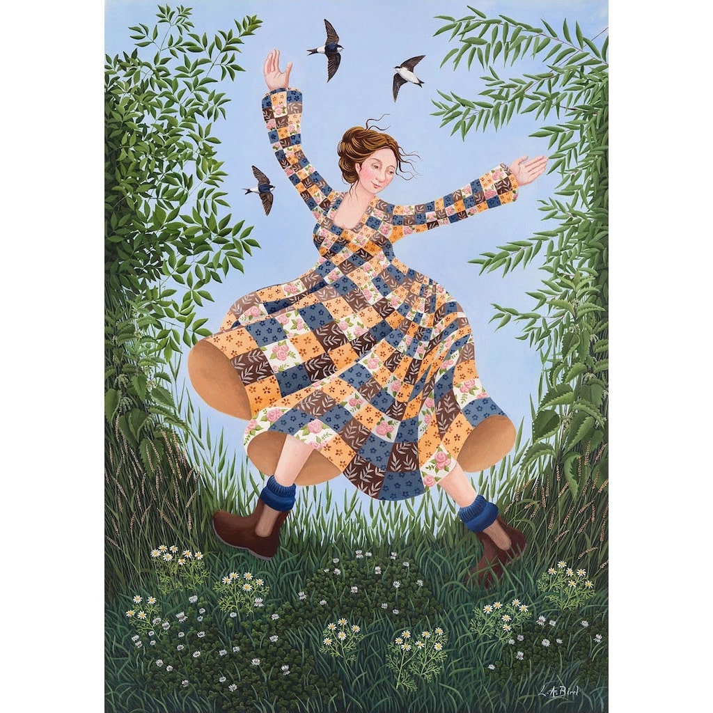 Painting of a lady in a colourful dress dancing as birds fly around her by artist Lucy Almey Bird