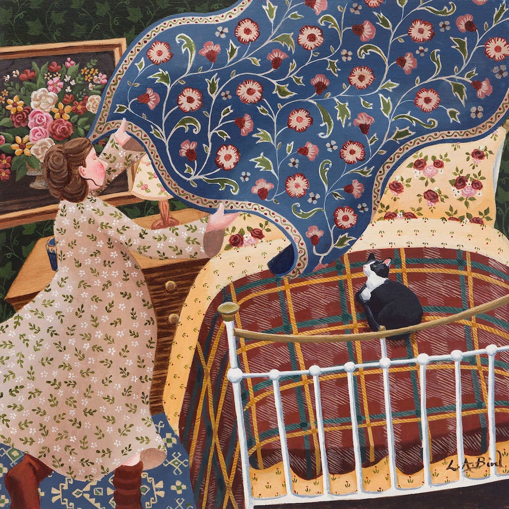 Painting of a lady trying to make the bed (but her cat has other ideas) by artist Lucy Almey Bird