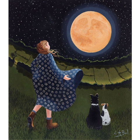 Painting of a lady and her two dogs gazing upon a harvest moon by artist Lucy Almey Bird