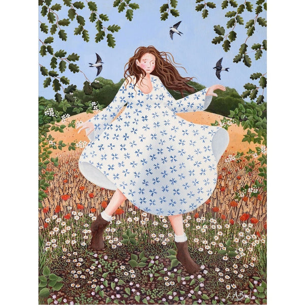 Painting of a lady walking in nature as birds fly around, by artist Lucy Almey Bird