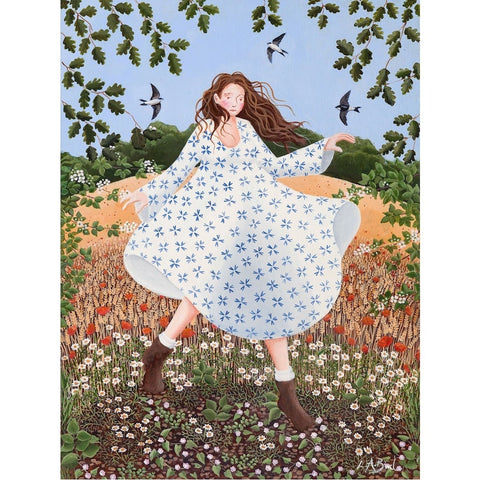Painting of a lady walking in nature as birds fly around, by artist Lucy Almey Bird