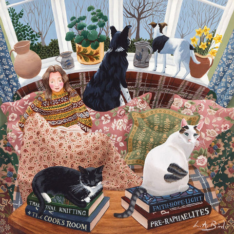 Painting of a woman on the sofa surrounded by her pets by artist Lucy Almey Bird