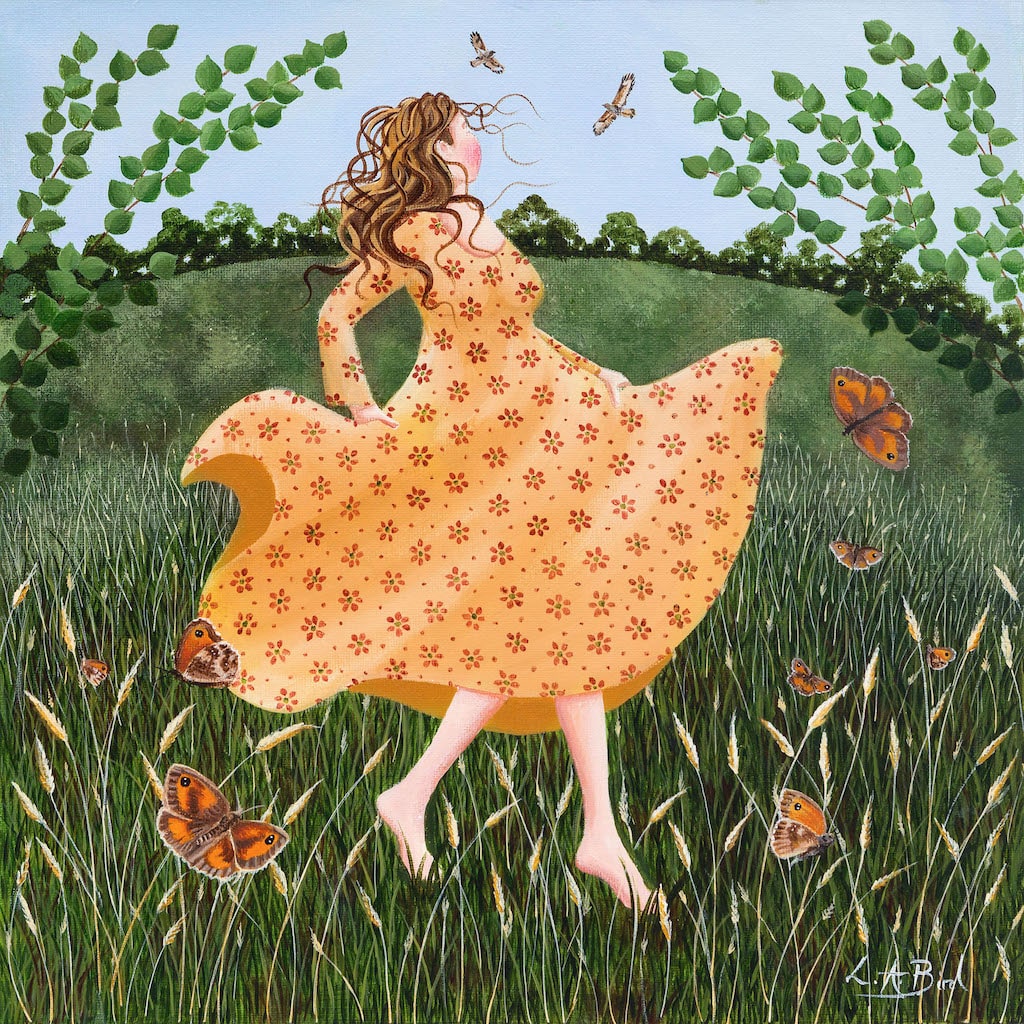 Painting of a lady in a meadow surrounded by butterflies, by artist Lucy Almey Bird