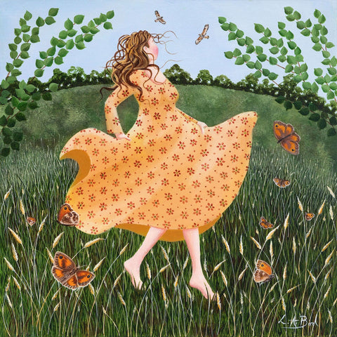 Painting of a lady in a meadow surrounded by butterflies, by artist Lucy Almey Bird