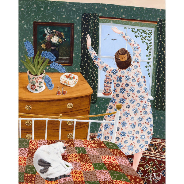 Painting of a lady and cat stretching first thing in the morning by artist Lucy Almey Bird