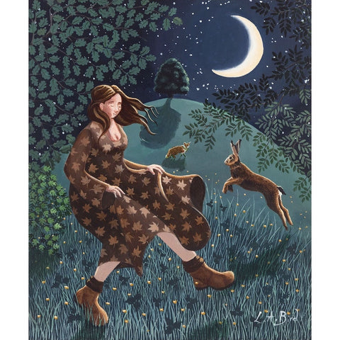 Painting of a lady in the fields at night with a fox and hare under the full moon by artist Lucy Almey Bird