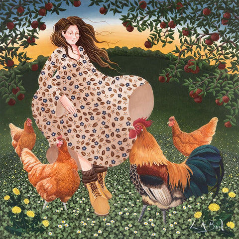 Painting of a lady surrounded by chickens by artist Lucy Almey Bird