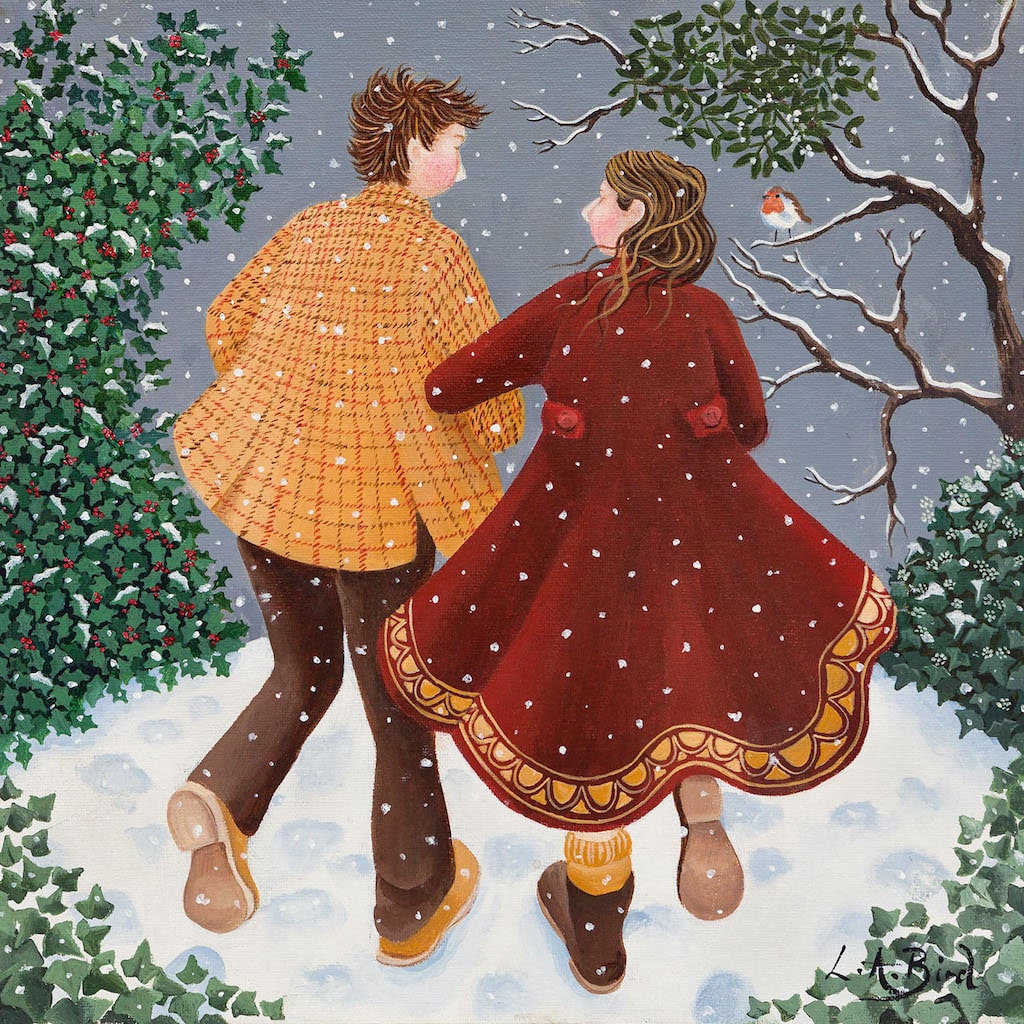 Painting of a couple walking through the snow as a robin looks on by artist Lucy Almey Bird