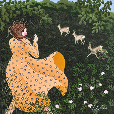 Painting of deer running by as a woman walks in the fields by artist Lucy Almey Bird