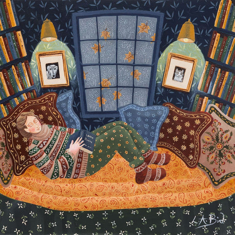 Painting of lady relaxing with her book on a rainy day by artist Lucy Almey Bird