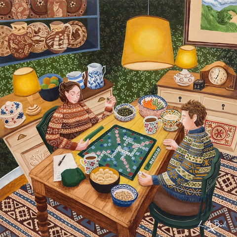 Painting of a couple playing scrabble by artist Lucy Almey Bird