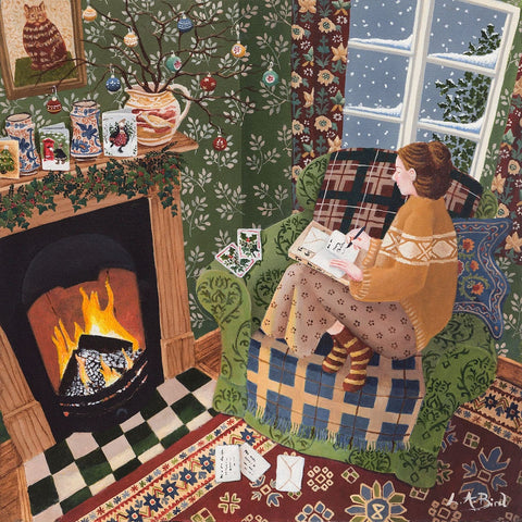 Painting of a lady sitting in front of the fireplace and writing Christmas cards by artist Lucy Almey Bird