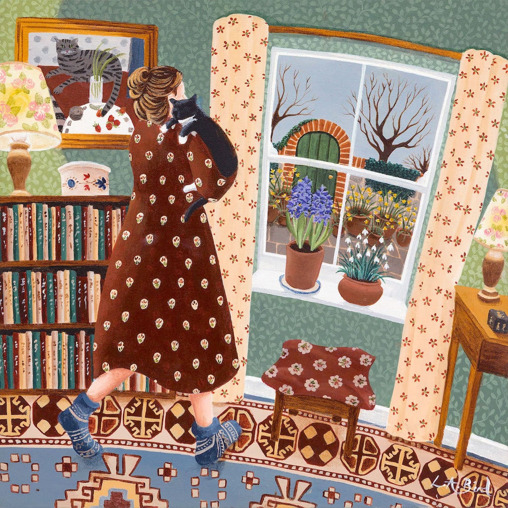 Painting of a lady holding her cat and looking out the window as spring flowers start to bloom by artist Lucy Almey Bird