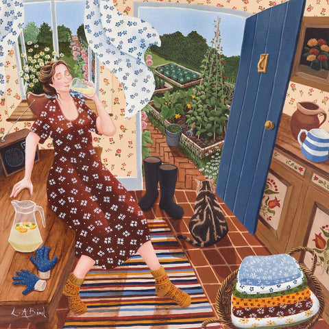 Painting of a lady taking a break from gardening and drinking a refreshing glass of lemonade by artist Lucy Almey Bird