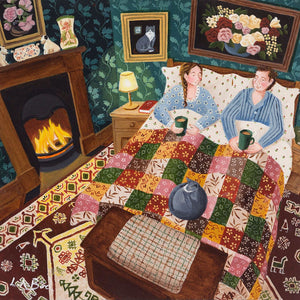 Painting of a couple having cups of tea in bed as a cat sleeps at their feet by artist Lucy Almey Bird