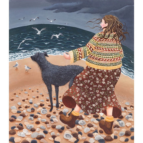 Painting of a lady and her dog watching seagulls on the beach by artist Lucy Almey Bird