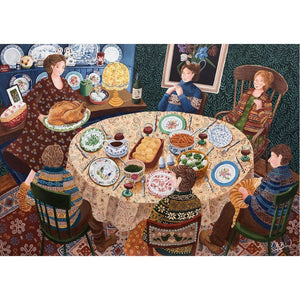 Painting of friends and family gathered around the table for dinner by artist Lucy Almey Bird