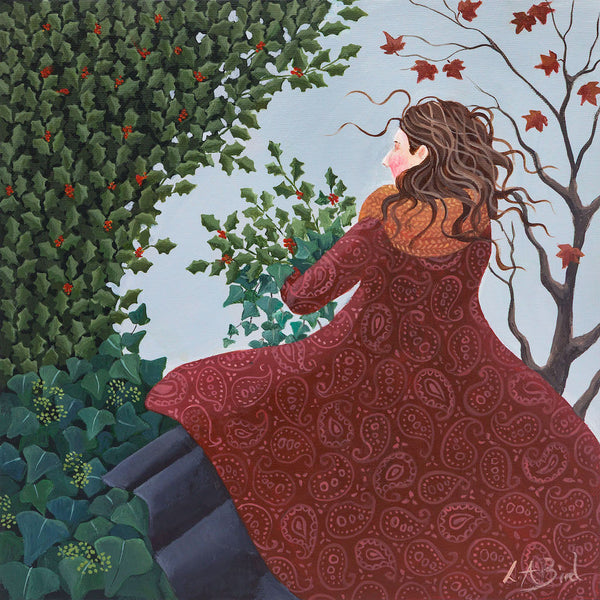 Painting of a lady picking holly and ivy, by artist Lucy Almey Bird