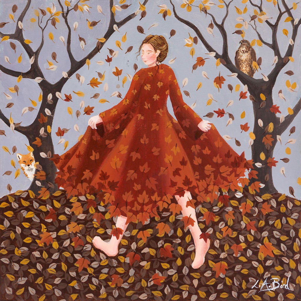 Painting of a lady, a fox and a bird of prey enjoying the falling leaves in autumn, by artist Lucy Almey Bird