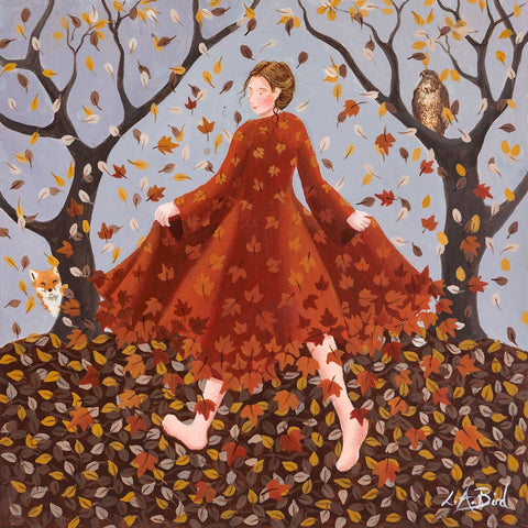 Painting of a lady, a fox and a bird of prey enjoying the falling leaves in autumn, by artist Lucy Almey Bird