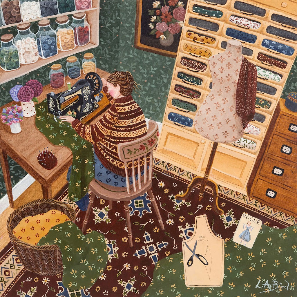 Painting of a lady sewing by artist Lucy Almey Bird