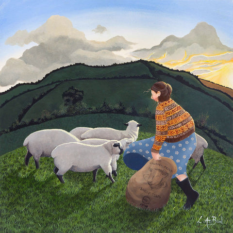 Painting of a shepherdess feeding her sheep by artist Lucy Almey Bird