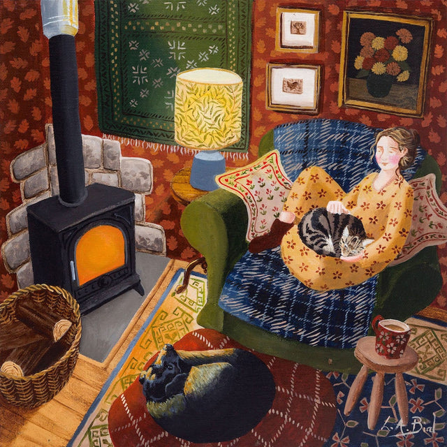 Painting of a lady sitting in her snug with pets sleeping close by, by artist Lucy Almey Bird