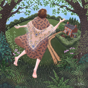 Painting of a lady walking barefoot across the fields to her home by artist Lucy Almey Bird