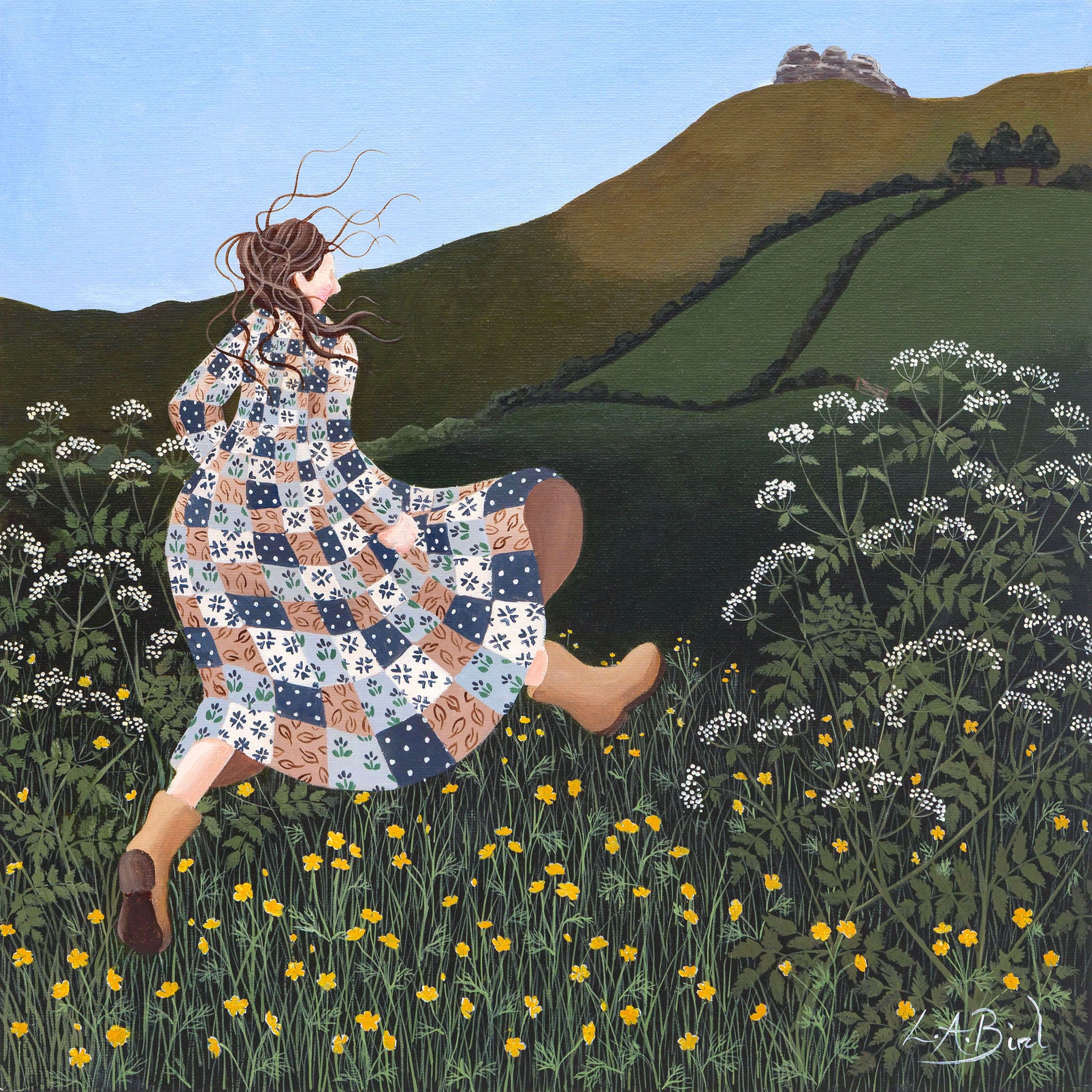 Painting of a lady walking through the fields and across the hills by artist Lucy Almey Bird