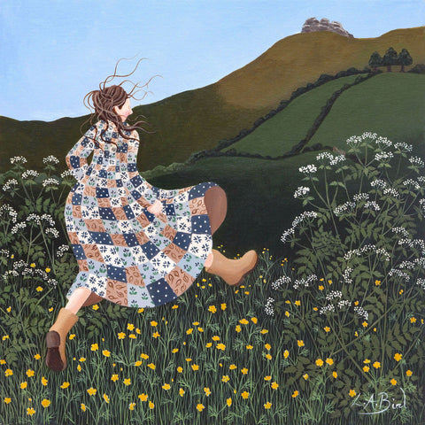 Painting of a lady walking through the fields and across the hills by artist Lucy Almey Bird