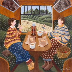 Painting of two ladies eating their sandwiches in a train carriage by artist Lucy Almey Bird