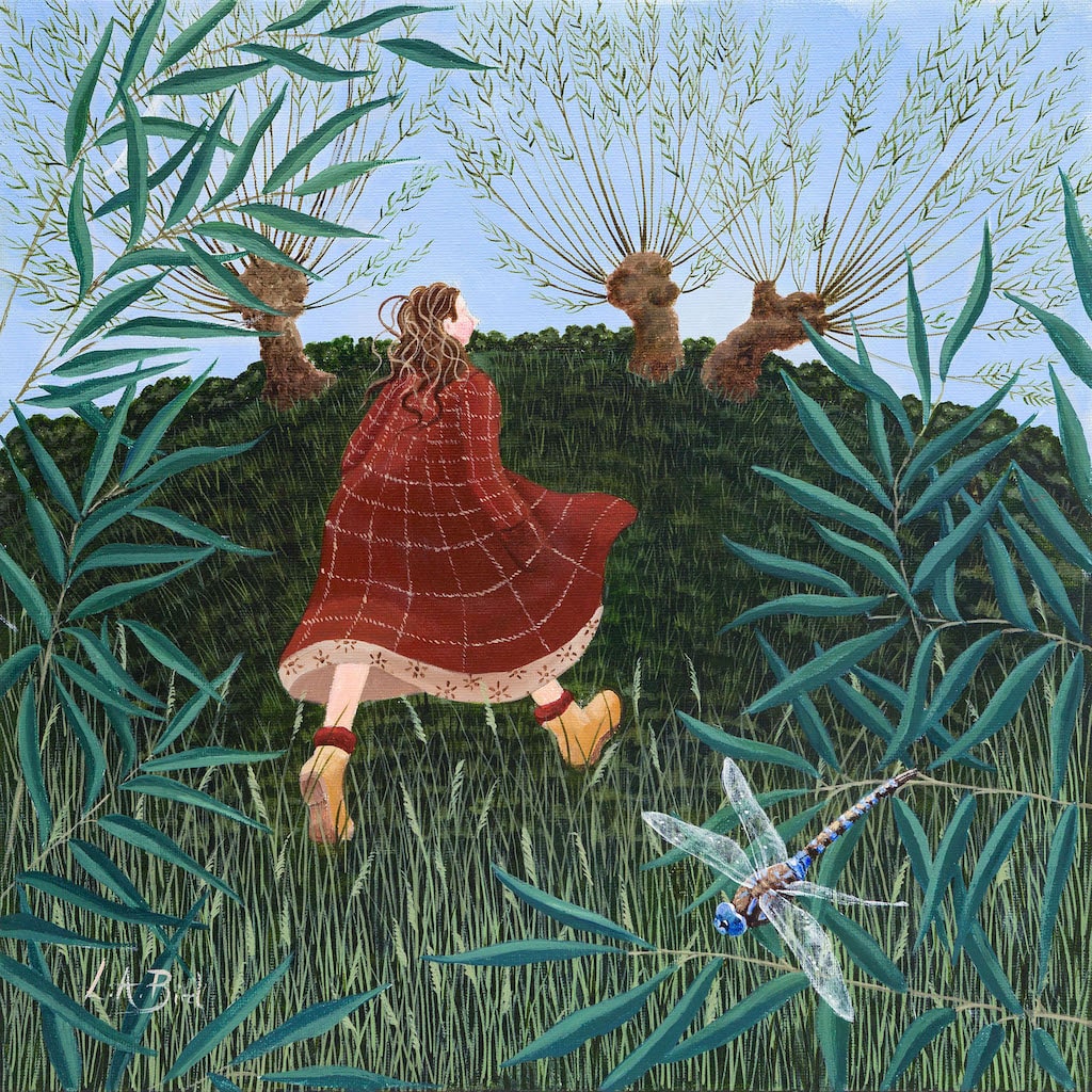 Painting of a lady walking amongst the willows and dragonflies, by artist Lucy Almey Bird