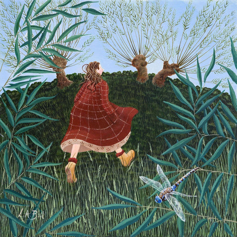Painting of a lady walking amongst the willows and dragonflies, by artist Lucy Almey Bird