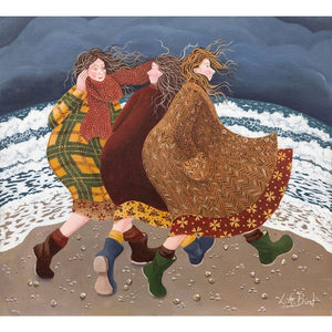 Painting of three ladies walking on the beach by artist Lucy Almey Bird