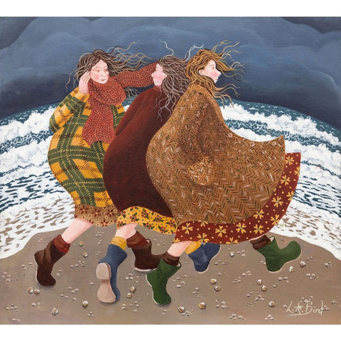 Painting of three ladies walking on the beach by artist Lucy Almey Bird