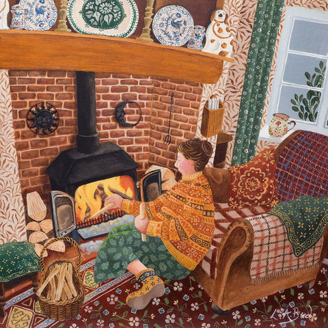 Painting of a lady adding wood to her woodburner on a cold evening by artist Lucy Almey Bird