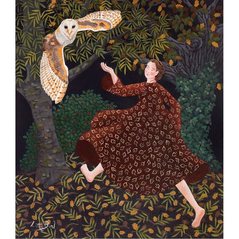 Painting of a lady talking to a wise owl in the woods by artist Lucy Almey Bird