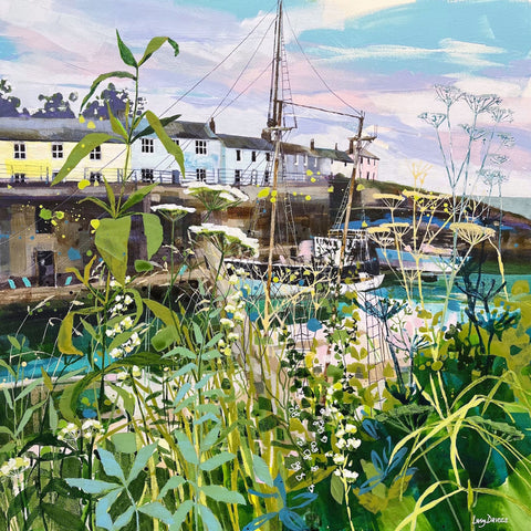 Painting of the boats and cottages at Charlestown harbour, Cornwall by artist Lucy Davies