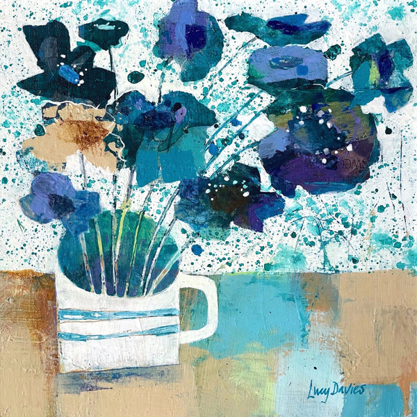 Still life painting of a stripy cup containing flowers by artist Lucy Davies