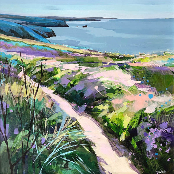 Painting of a heather on the Cornish cliffs, overlooking the sea by artist Lucy Davies