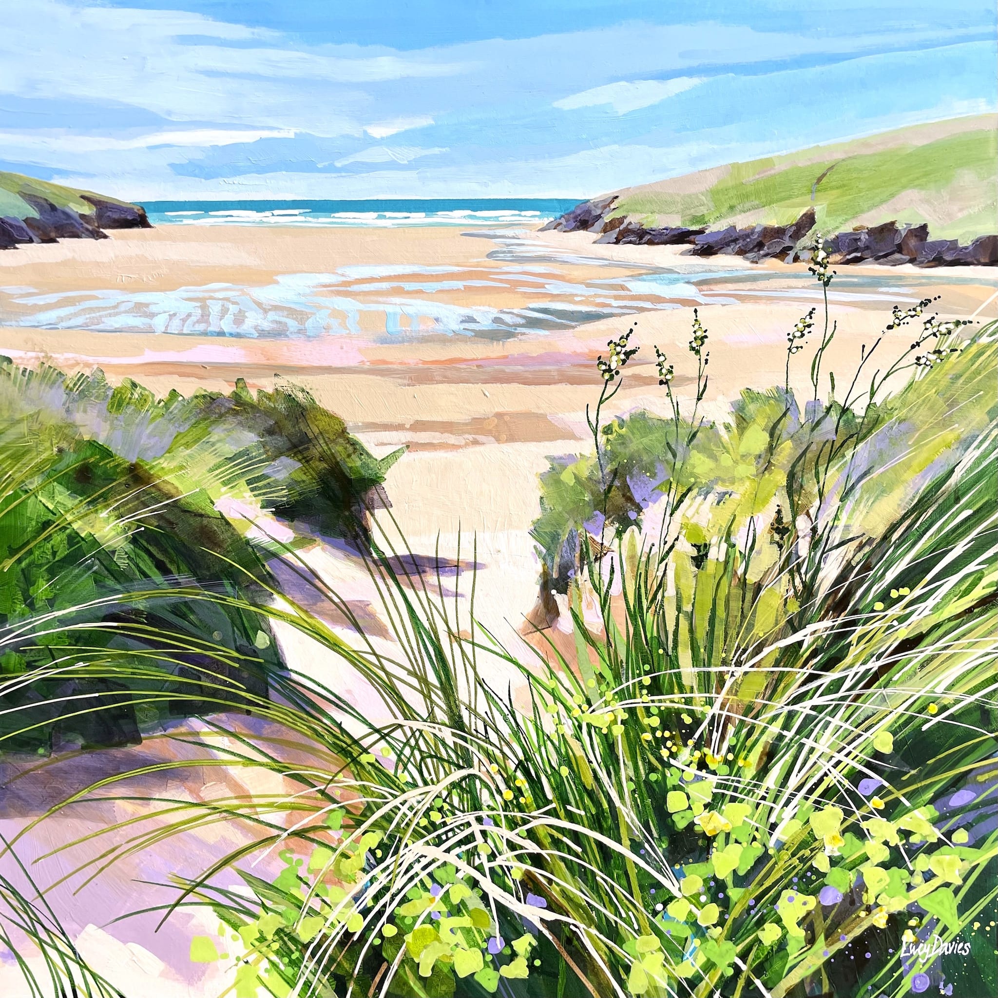 Painting of Porthcothan Beach, Cornwall at low tide by artist Lucy Davies