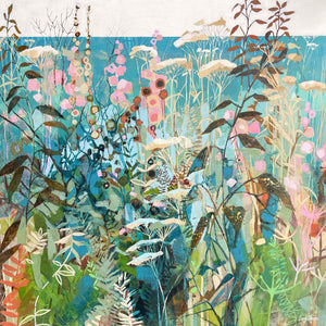 Semi abstract painting of flowers and grasses overlooking the sea by artist Lucy Davies